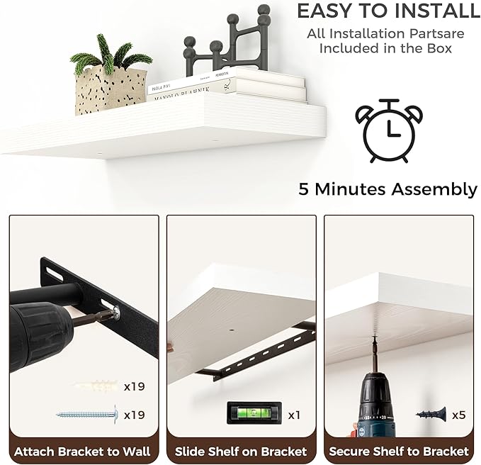 Floating Shelves for Wall, Engineered Wood Wall Shelves with Invisible Brackets for Living Room Bedroom Bathroom Office Kitchen Decor and Storage (White, 36" W x 9" D x 1.5" H) Set of 2