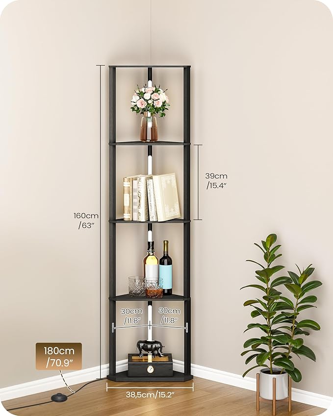 GOEBLESON 63.4” Display Shelf with Light, Modern Corner Floor Lampe with Shelves, LED Dimmable Standing Lamp with Remote for Living Room, Bedroom, Office, Adjustable CCT, Black Triangle B55LD05