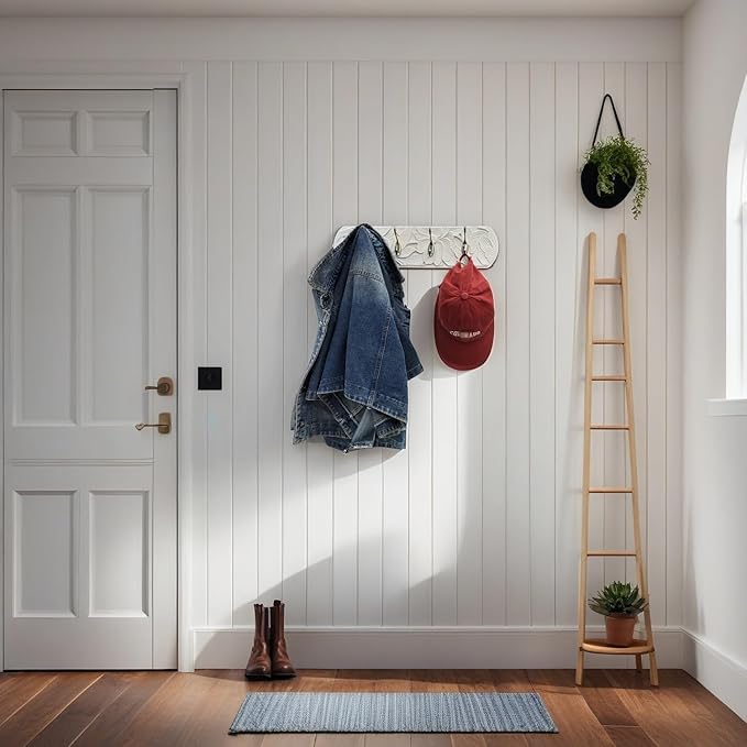 Decorative Wall Mounted Coat Rack with 4 Hooks, Rustic Wood Wall Organizer for Hanging Coats, Hats, Towels, Bags,Jackets, Keys (Antique White)
