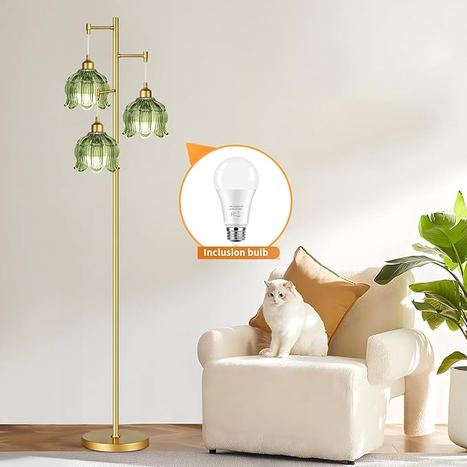 WLQCWL Vintage Floor Lamps for Living Room Bedroom-3 Light Gold Floor Lamp with Glass Lampshape, Flower Green Tall Lamp Mid Century Modern Standing Lamp Tree Floor Lamp for Bedroom Living Room Corner