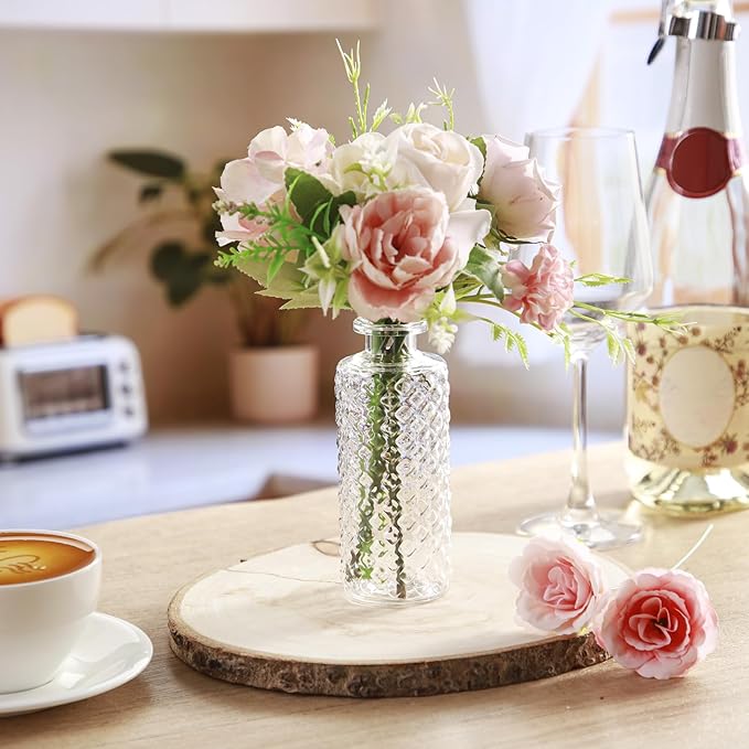 Honeydak Set of 24 Plastic Mini Bud Vases, Vintage Clear Decorative Vases Bulk for Table Centerpieces, Wedding Reception, Baby Shower, Home Decor, Housewarming Gift(Micro-Diamond)