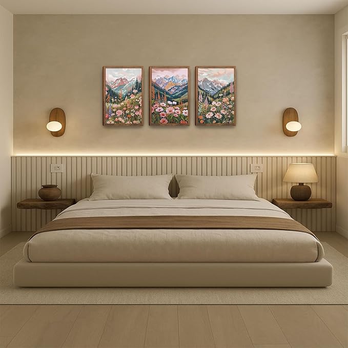 Boho Colorful Mountain Landscape Wall Art Set of 3, Flower Daisy Nature Canvas Prints Wall Decor, Vintage Floral Forest Botanical Painting Posters for Living Room Bedroom Home Decor 24x16in Framed