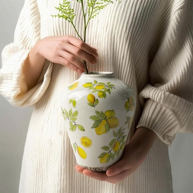 Vintage Lemon Ceramic Vase, Ice Glazed Crack Farmhouse Pitcher Vase for Shelf, Centerpiece Table,Room,Bathroom,Bedroom,Living Room,Office Decorations(7.8 inch)