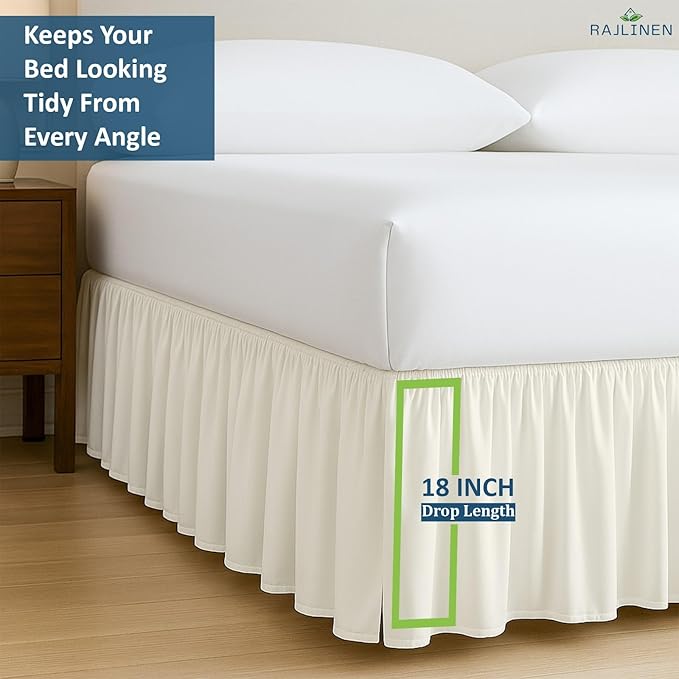 Rajlinen Ruffled Bed Skirt Full, 18 Inch Drop Dust Ruffle with Split Corners, 100% Microfiber Bedskirt with Platform, Three-Sided Coverage Ruffled Gathering Design, Ivory