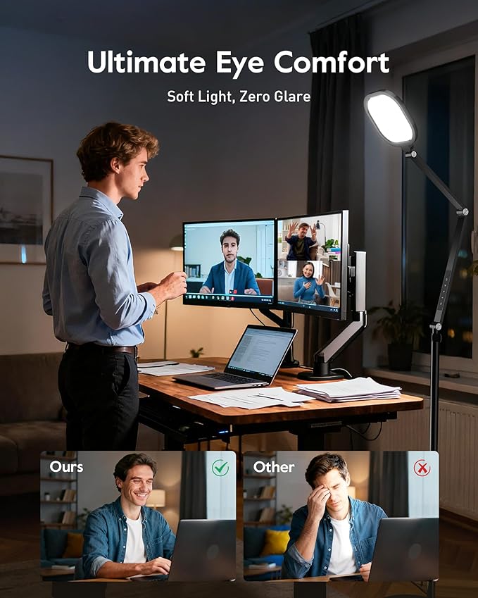 LED Floor Lamp for Office, 30 Lighting Modes Dimmable Standing Lamp with Memory & Timer Function, Soft Eye-Caring Office Lamp, Adjustable Swing Arm Reading Floor Lamp
