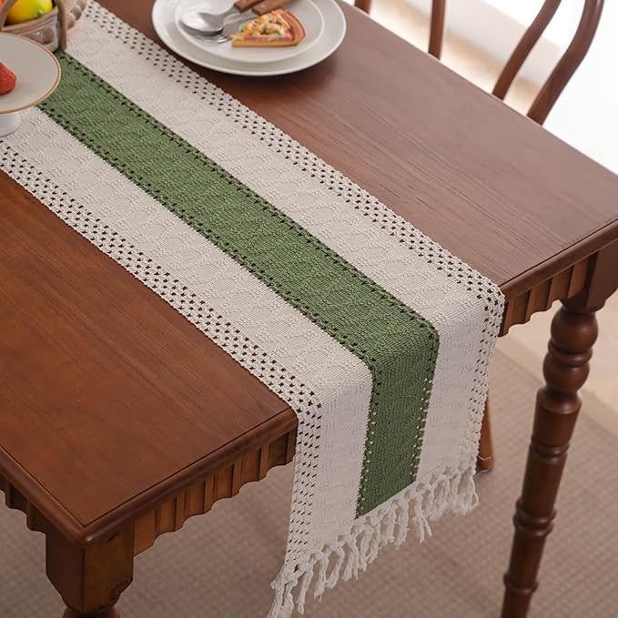 Niviy St Patricks Day Decorations Dark Green Table Runner 72 Inches Long with Tassels, Seasonal Spring Summer Washable Embroidered Striped Braided Boho Table Runners for Holiday Party 12 x 72 Inches