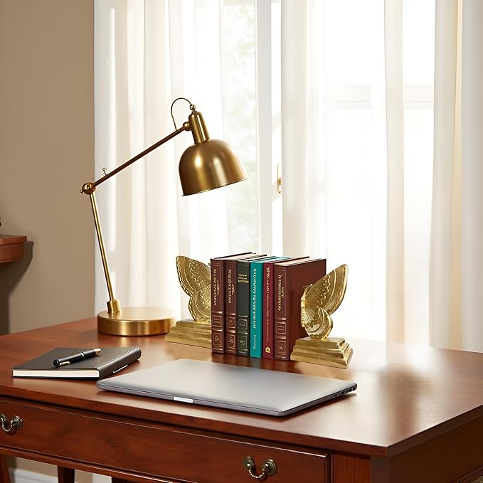 Golden Butterfly Bookends Set of 2 – Elegant Resin Book Stoppers, Heavy Duty Decorative Book Ends for Bookshelf, Home Office, and Gift
