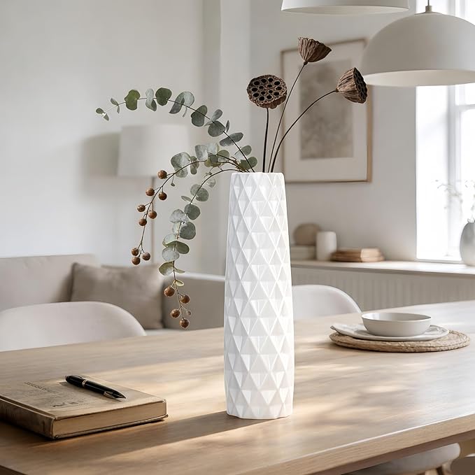 12 Inch White Vase Ceramic Flower Vase, Tall Vases for Pampas Grass, Home Decor, Modern Textured Vases for Living Room Decorations,Table Centerpieces,Shelf,Farmhouse Small Ceramic Vase