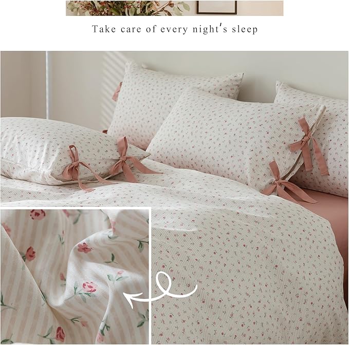 Rose Flower Duvet Cover King Garden Style Vintage Floral Bedding Set Chic Botanical Flower Comforter Cover with 2 Bow Ties Pillowcases 100% Cotton Pink Stripes Comforter Cover Cottagecore Bedding Set