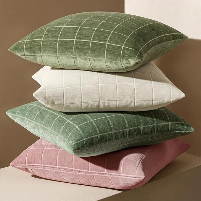 MIULEE Decorative Chenille Check Throw Pillow Covers Vintage Plaid Couch Pillows 20x20 Inch Set of 2 Neutral Boho Farmhouse Cushion Covers Modern Spring Decor for Sofa Bed Living Room Grass Green