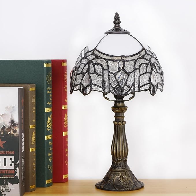 Small Tiffany Lamp Stained Glass Desk Lamp Vintage Tiffany Bedside Table Lamp for Home Living Room Bedroom Nightstand 8X15 Inch (White Bending Style)
