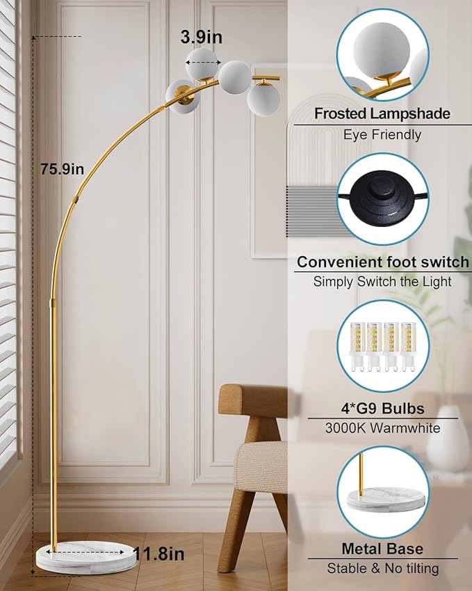 Lightdot 63IN Gold Floor Lamp 4-Lights Globe LED Floor Lamps with 3000K Soft Warm Golden for Wedding/Party, Modern Tall Lamp for Living Room/Bedroom (Bulbs Included)