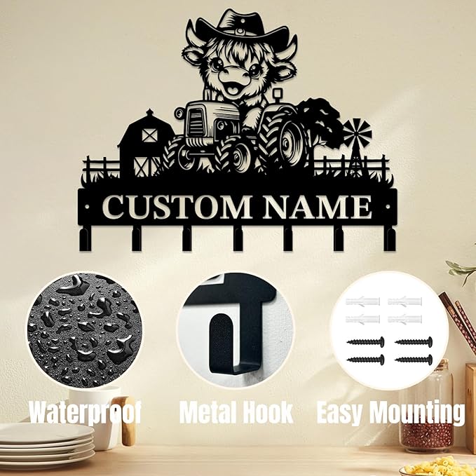magilab Personalized Custom Highland Cow Wall Hooks,Metal Highland Cow Art Clothes Hooks,Metal Highland Cow Wall Home Storage Decorative,for Front Door, Hallway, Kitchen, Bedroom,Keys,Hats (Style D)