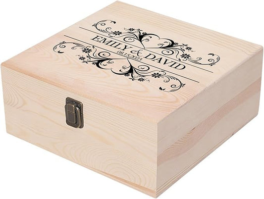 Personalized Wedding Keepsake Box Custom Name Date, Wooden Memory Box Wedding Gift Box for Couples Newlyweds - Customized Gifts for Bridal Shower Anniversary Engagement Christmas