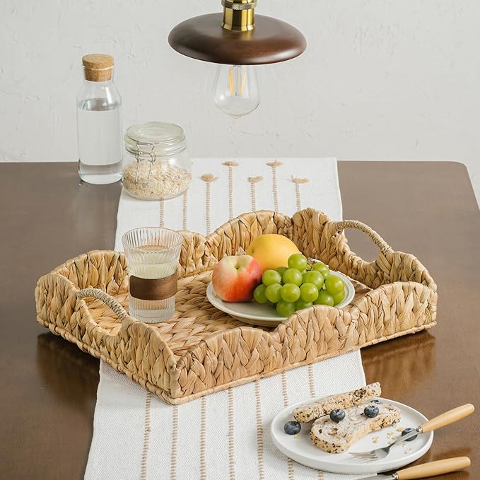 Water Hyacinth Serving Tray, Handwoven Woven Tray with Handles and Scalloped Edge, Rectangle Wicker Basket for Home Decor and Organizing, 17.3" L x 13.4" W x 3.6" H