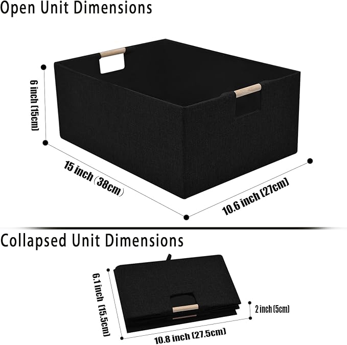 Fabric Storage Basket for Shelves, Collapsible Storage Bins with wood Handles, Rectangle Closet Baskets, Wardrobe Organiser, for Sorting Clothes, Family Items (Black) (2)