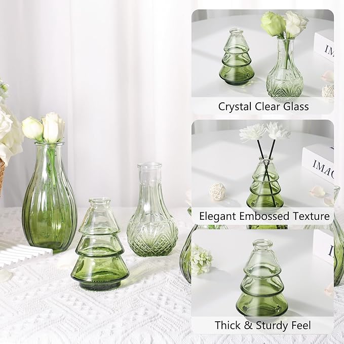 RUCKAE 12 Pack Glass Bud Vases Mini Flower Vase Small Vintage Vases for Centerpiece Table Wedding Decorations Home Decor Party (Gradient Green)