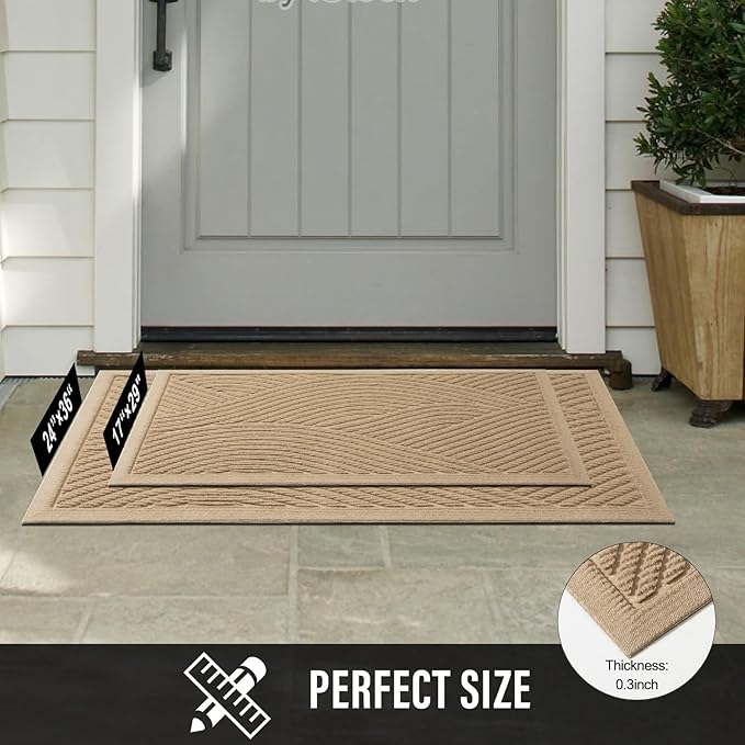 HIYARD Sturdy Front Door Mat, Absorbent Muddy Dirt Resist Welcome Door Mats Outdoor Indoor, Fade Resistant, Non-Slip Backing Entry Mat Low Profile Doormat for Entryway, 29×17, 2 Pack, Beige