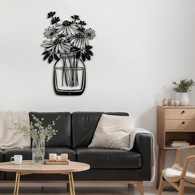 SIGNLEADER Metal Wall Art Decor Flower Bouquet in Bottle Minimalist Modern Abstract Wall Sculpture Hangings Home Decoration for Living Room, Bedroom, Bathroom, Kitchen, Outdoor - 18" Black