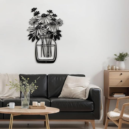 SIGNLEADER Metal Wall Art Decor Flower Bouquet in Bottle Minimalist Modern Abstract Wall Sculpture Hangings Home Decoration for Living Room, Bedroom, Bathroom, Kitchen, Outdoor - 18" Black