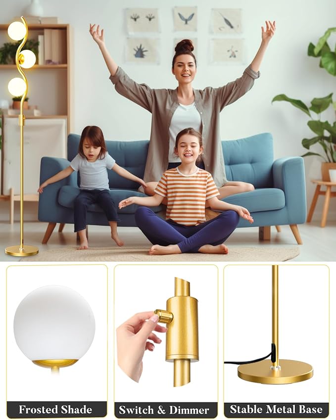 Lightdot 60IN Gold Floor Lamp Stepless Dimmable Globe Floor Lamps with 3Pcs 3000K G9 Bulbs Eye-Friendly Mid Century Standing Lamps with Stable Base for Living Room/Bedroom/Corner
