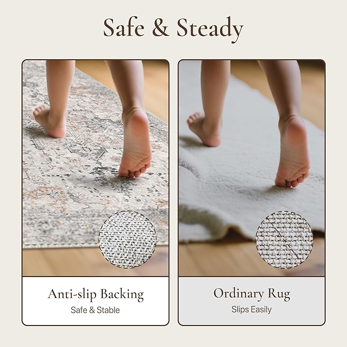 GENIMO Runner Rug 2'6"x5 Machine Washable Non Slip Vintage Hallway Runner Rug, Low Pile Lightweight Rugs for Indoor Entryway, Hallway, Kitchen and Corridor, Light Taupe Brown