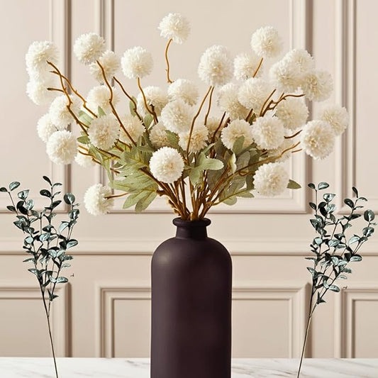 RyddeligHome White Faux Kiku Flowers for Vase - 10 Long Stem Artificial Flowers with Eucalyptus, Realistic Winter Floral Stems for Tall Vases, Farmhouse Home Decor (Premium Quality)
