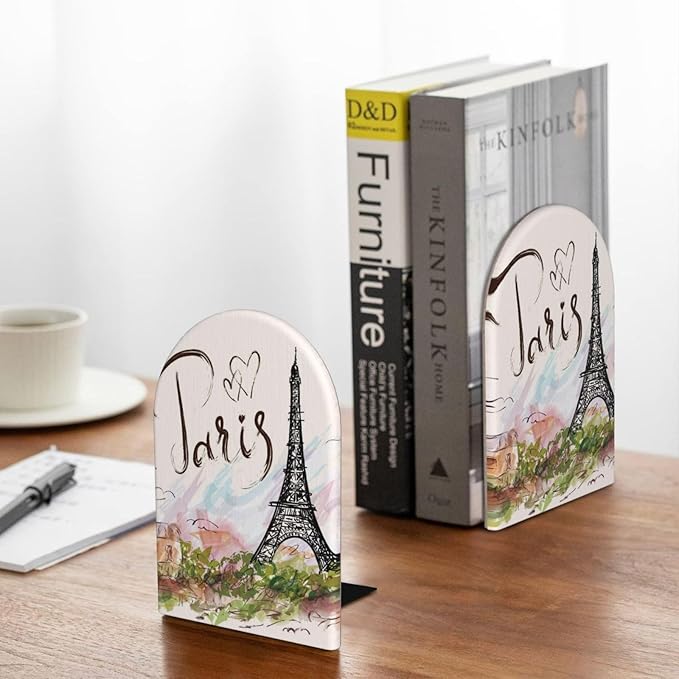 Paris Eiffel Tower Wood Bookends Stands Decorative Non-Slip Book Organizers for Home Office Desk Library School Study 1 Pair