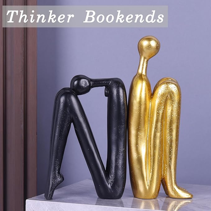 Thinker Statue Decorative Bookends,1 Pair/2 PCS Book Ends for Shelves Unique Modern Book Stopper for Heavy Books, Abstract Aesthetic Decor, Modern Home Bookshelf Decoration (Black Gold)