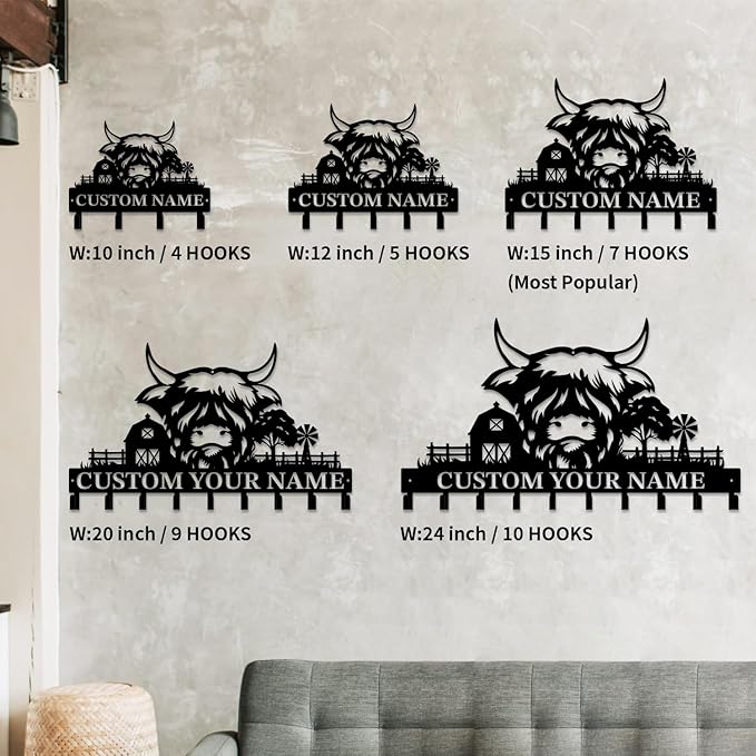 magilab Personalized Custom Highland Cow Wall Hooks,Metal Highland Cow Art Clothes Hooks,Metal Highland Cow Wall Home Storage Decorative,for Front Door, Hallway, Kitchen, Bedroom,Keys,Hats (Style M)