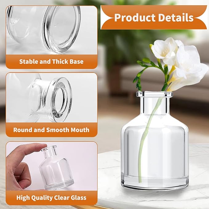 6 Pcs Bud Vases, 2 x 2.75 inch Clear Glass Bud Vase, Mini Flower Vases, Small Living Glass Vase Bulk for Flowers Centerpieces Home Table Decor Living Room Office Decor