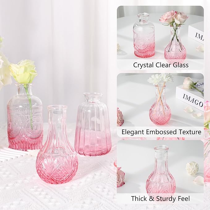 RUCKAE Flower Vase in Bulk 22 Glass Bud Vases Vintage Small Vases for Centerpiece Table Wedding Decorations Home Decor Party (Gradient Pink 22 Pack)