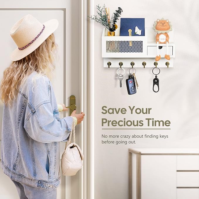 FifthQuarter Key and Mail Holder for Wall, Mail Organizer Wall Mount with 6 Hooks and Storage Drawer, Easy Installation Key Rack for Entryway and Home Decor (B-White)