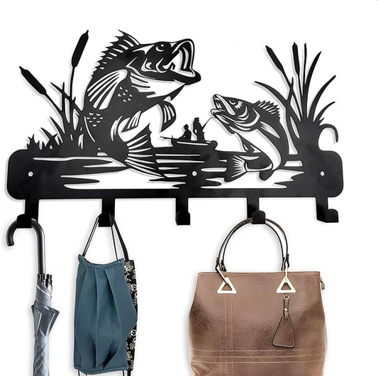 Aimery Metal Fish Coat Hooks Wall Art Decor-Fish Hangers and Key Holder-Clothes Rack and Backpack Holder for Wall Fishing Decor for Storage, Living Room, Hallway, Office