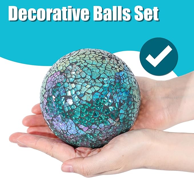 DomeStar 3PCS Decorative Balls for Bowls, 4 Inch Turquoise Orbs Glass Balls for Centerpiece Bowls Mosaic Sphere for Home Decoration Dining Table