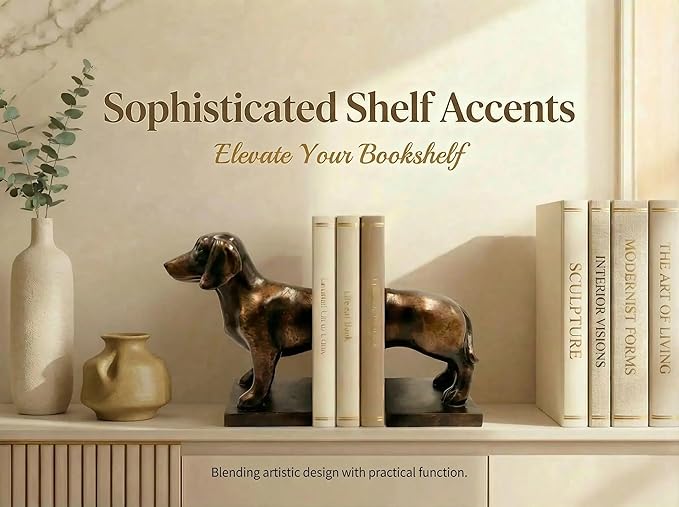 Comfy Hour Dachshund Dog Decorative Bookends, 12" Unique Wiener Dog Book Ends for Shelves, Heavy Duty Polyresin Book Stopper for Books, 1 Pair, Dark Copper