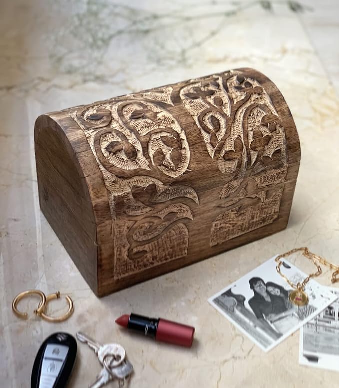 Great Birthday Gift Ideas Handmade Decorative Wooden Jewelry Box With Tree of Life Carvings Jewelry Organizer Keepsake Box Treasure Chest Trinket Holder Watch Box Storage Lock Box (Natural Finish)