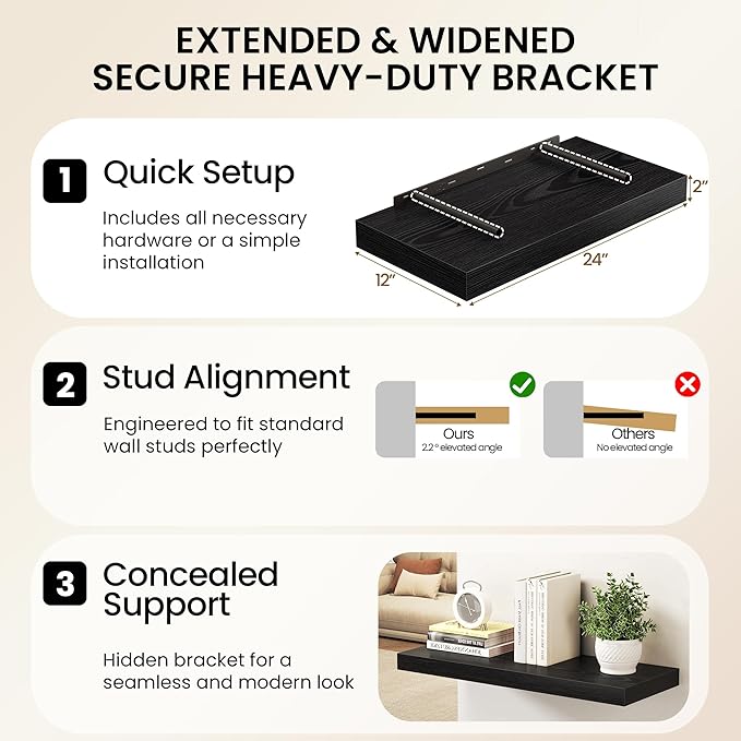 36Inch Black Floating Shelves for Wall, 12 Inch Deep Shelves for Bedroom, Kitchen, Bathroom Wall Mounted, Rustic Wood Floating Shelf with Invisible Brackets for Books, Storage, Decor, 2 Packs