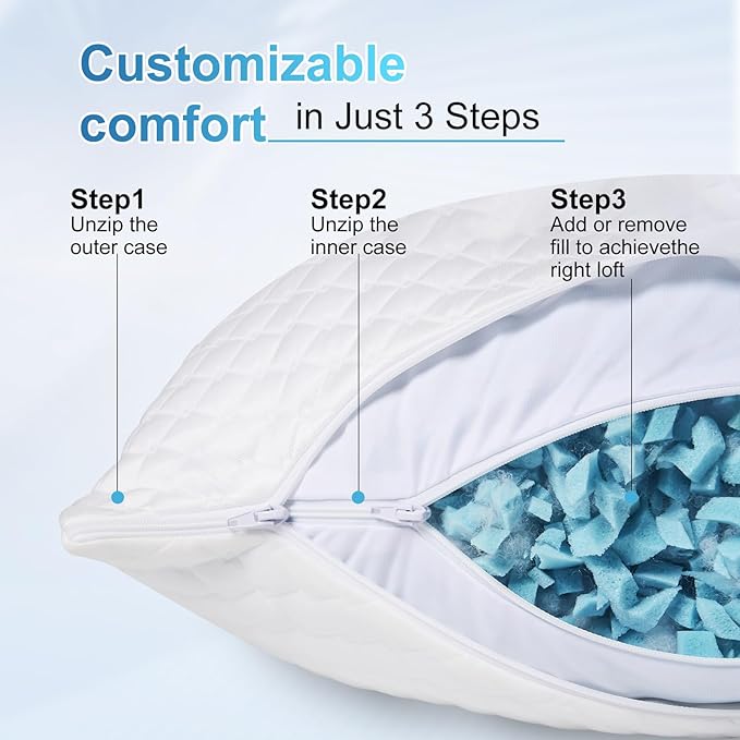 NTCOCO Cooling Bed Pillows King Size Pack of 2 for Sleeping Shredded Memory Foam Bed Pillows Adjustable Gel for Side Stomach Back Sleepers Washable Removable Cover