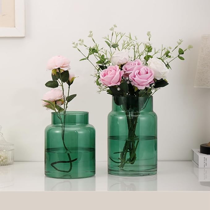 Large Glass Vase, Green Glass Vase Set of 2, Large Flower Vases for Bouquet, Tall Wide Mouth Vases for Flowers, Home, Wedding, Living Room, Office Decor, 7"+9"
