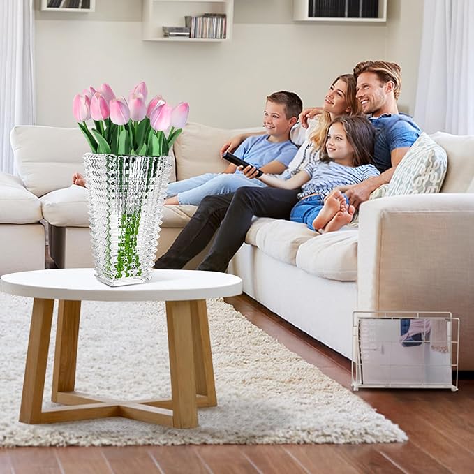Faux Flowers in Vase, Artificial Pink Tulips Flowers Floral Arrangements with Glass Vase Flower vases with Bouquet for Table Centerpiece, Coffee Table Decor, Home Kitchen, Living Room, Bathroom Decor