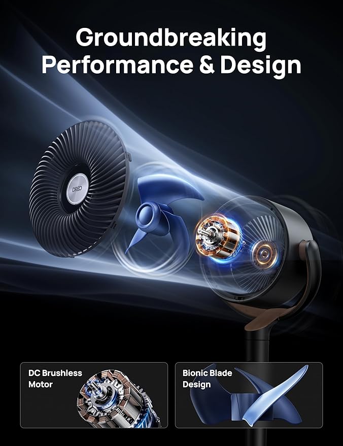 DREO Fan for Bedroom, 120°+120°Omni-directional Oscillating Fan, DC Motor, 20 dB Quiet Standing Pedestal Fans, 90ft, 8 Speeds, 3 Modes Circulator with Remote, 35-40"Adjustable Height, 8H Timer, Black