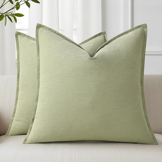 decorUhome Spring Decorative Linen Euro Sham Throw Pillow Covers 22x22 Inch Set of 2 Sage Green Pillow Covers with Flange Edges Soft Farmhouse Boho Accent Pillow Cases for Couch Bed Living Room