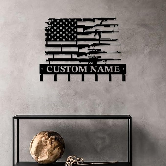 Personalized Custom Name Gun Wall Hooks,Metal Gun Room Art Clothes Hooks,Metal Gun Wall Home Storage Decorative,For Front Door, Hallway, Kitchen, Bedroom,Keys,Hats (Style F)