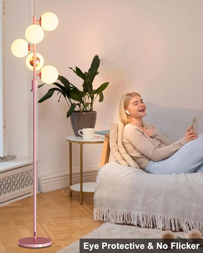 Lightdot Dimmable (Brightness Adjustable) Globe Floor Lamp, Retro Pink Pole Standing Lamps with 5PCS 3000K G9 Bulbs, Mid Century Modern Floor Lamp for Living Room Bedroom Home Office