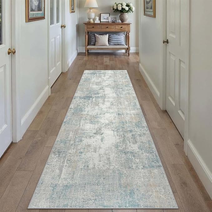 WondRg 2x10 Washable Runner Rug Blue Cream Abstract Hallway Kitchen Throw Rug Neutral Modern Non Slip Soft Low Pile Lightweight Carpet for Bathroom Laundry Bedroom Living Room