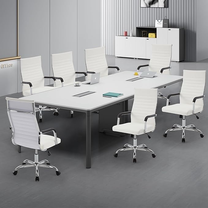 Haranuo Office Chair, Ergonomic Executive Conference Room Chairs, Ribbed Leather Desk Chair with Lumbar Support, Adjustable Height Mid-Back Swivel Chair (Square Tube Armrests, White)