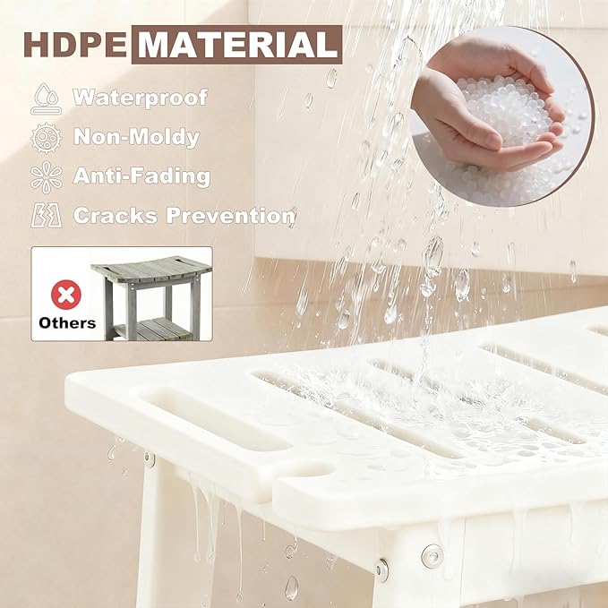 Large HDPE Shower Bench Seat for Shaving Legs, Waterproof Shower Stool with Storage Shelf for Bathroom, White