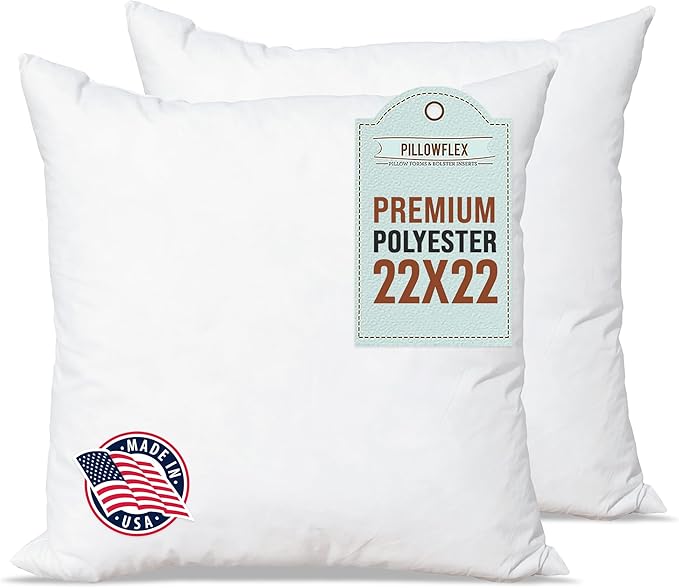 Pillowflex Premium Polyester Pillow Insert – 22x22 - Square Pillows Form, Machine Washable, Soft Sham Supports, Decorative Form for Covers and Throw Pillows, Hypoallergenic - Made in USA - 2 Pack
