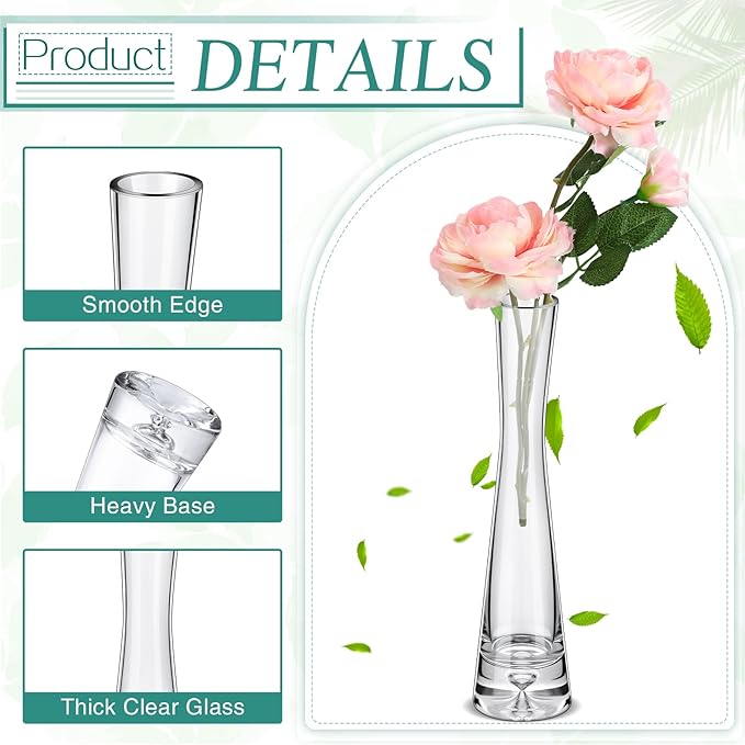 Sliner 6 Pcs Tall Glass Bud Vase for Centerpieces Clear Maria Bud Vase Small Single Flower Vase Rose Skinny Decorative Cylinder Vases for Wedding Party Home Table Decorations(9.84'' H)